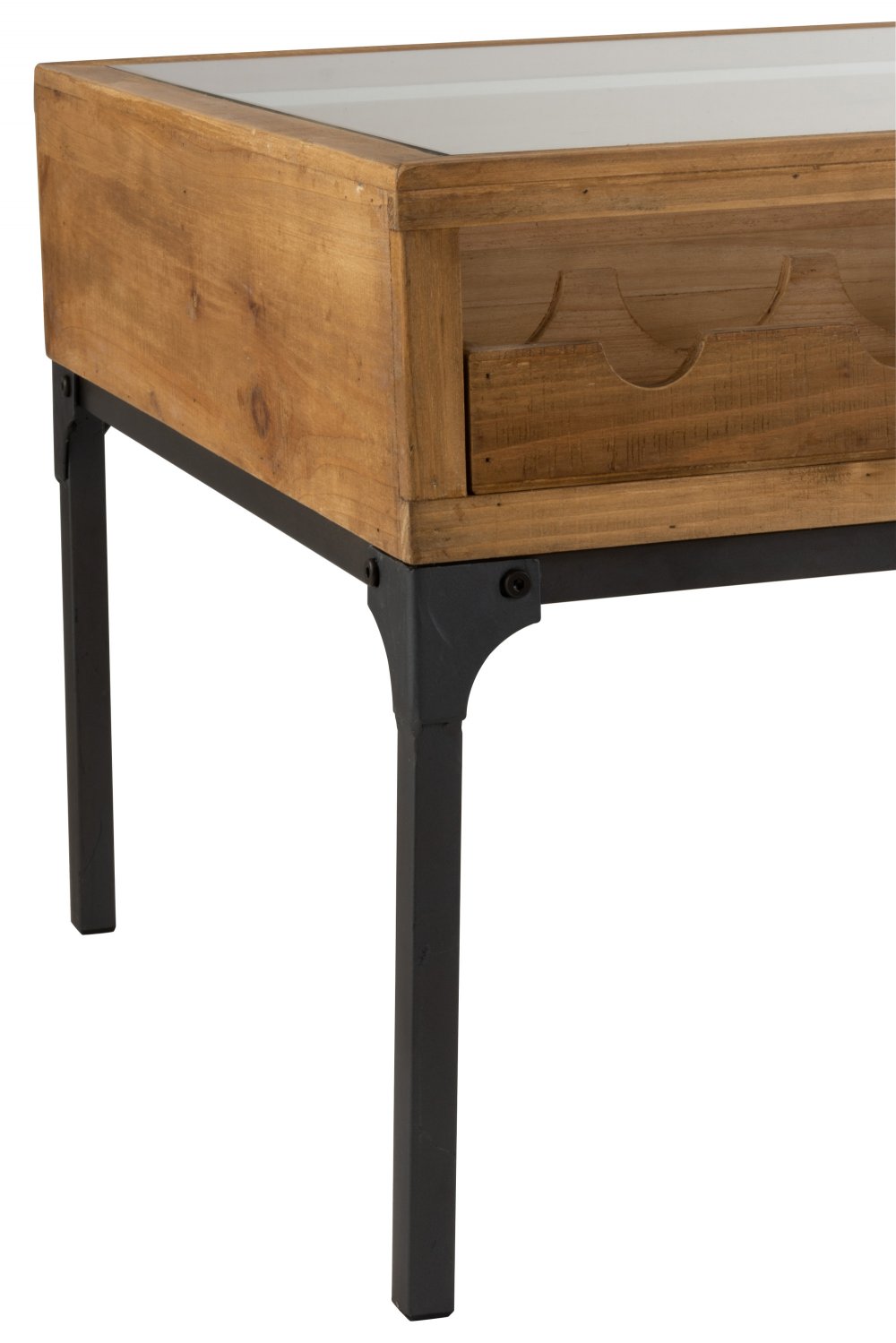 Table basse 2 tiroirs pour bouteilles FAKY métal noir et bois naturel.